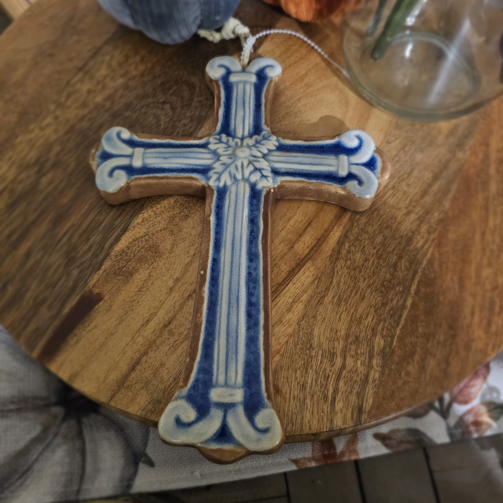 Blue and White Ceramic Cross